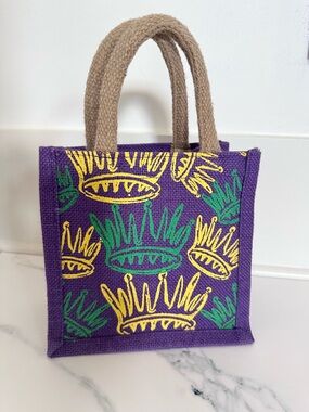 Mardi Gras Purple with Green and Yellow Crown Print Tote Bag with Tan Handles